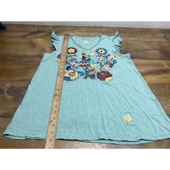 Double D Ranch Floral Embroidered Tee Green Contrast Stitching Medium - Picture 6 of 11